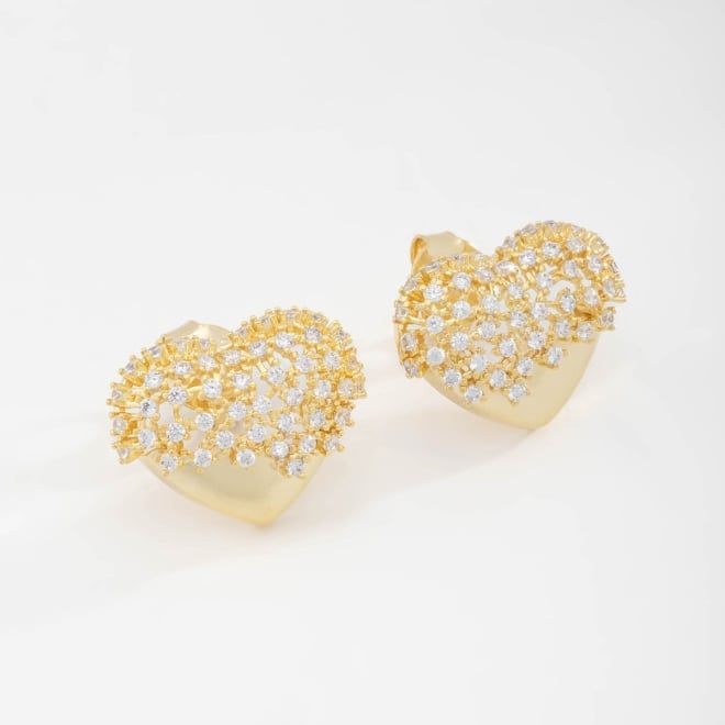 BR-02406-BRINCO BANHADO A OURO 18K EM FORMATO DE CORAÇÃO COM DETALHES CRAVEJADOS
