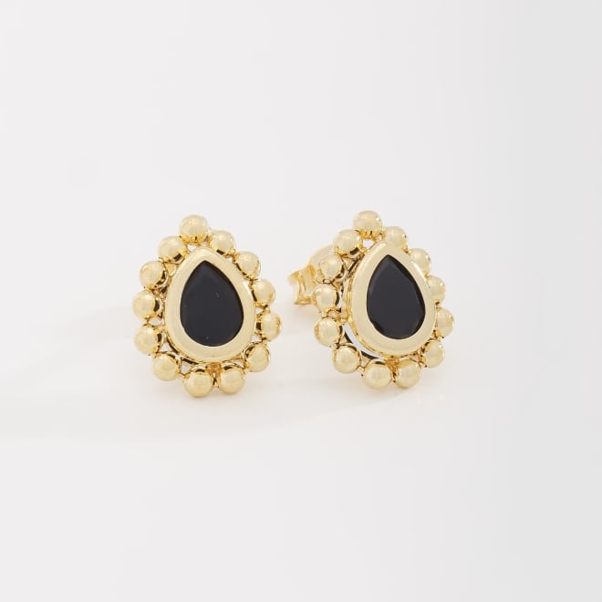 BR-02759 BRINCO BANHADO A OURO 18K COM PEDRA EM FORMATO DE GOTA E DETALHES EM ESFERAS