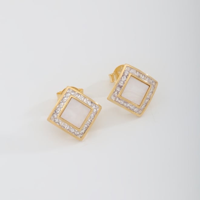 BR-02826-BRINCO BANHADO A OURO 18K COM DESIGN GEOMÉTRICO QUADRADO COM ZIRCONIA