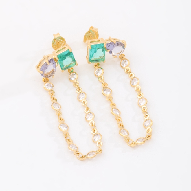 BR-02872 BRINCO BANHADO A OURO 18K COM PEDRAS EM ZIRCÔNIA COLORIDA E CORRENTE EM ZIRCÔNIAS.