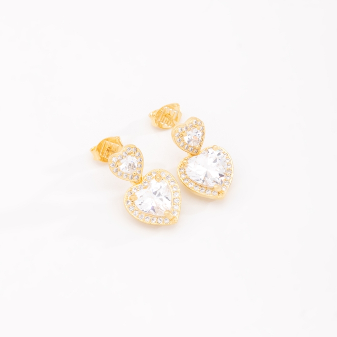 BR-02918 BRINCO BANHADO A OURO 18K COM DUPLOS CORAÇÕES CRAVEJADOS EM ZIRCÔNIAS