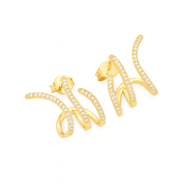 BR-02955 BRINCO EAR HOOK BANHADO A OURO 18K COM DESIGN ALONGADO E DETALHES EM ZIRCÔNIAS