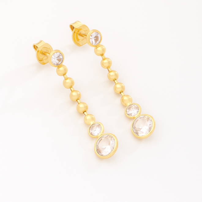BR-02980 BRINCO BANHADO A OURO 18K COM DESIGN PENDENTE EM ESFERAS E ZIRCÔNIAS