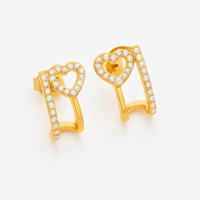 BR-03007 BRINCO BANHADO A OURO 18K EM FORMATO DE CORAÇÃO COM DOIS AROS EM ZIRCÔNIAS
