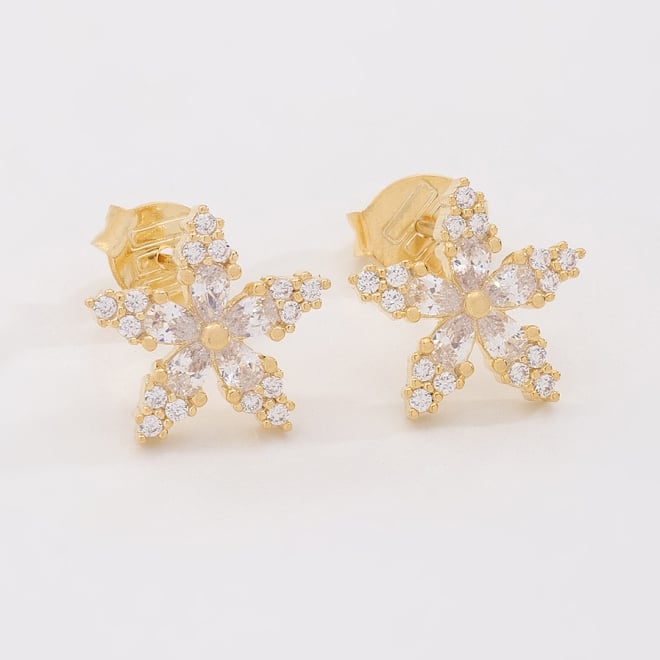 BR-03018 BRINCO BANHADO A OURO 18K EM FORMATO DE FLOR COM ZIRCÔNIAS