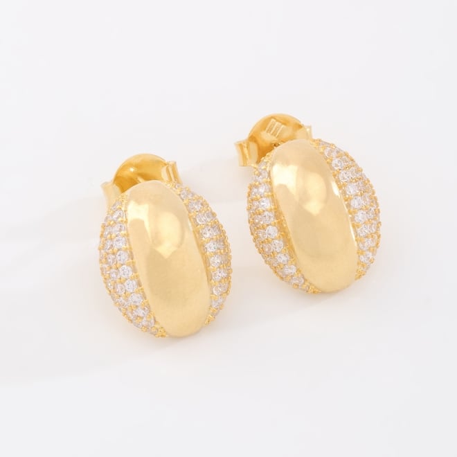 BR-03075 BRINCO BANHADO A OURO 18K COM DESIGN OVAL E DETALHES LATERAIS EM ZIRCÔNIAS
