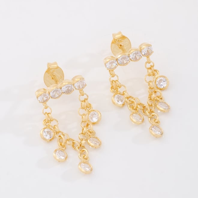 BR-03170 BRINCO BANHADO A OURO 18K COM TOPO EM ZIRCÔNIAS E DETALHES PENDENTES EM CORRENTES COM PONTOS DE LUZ