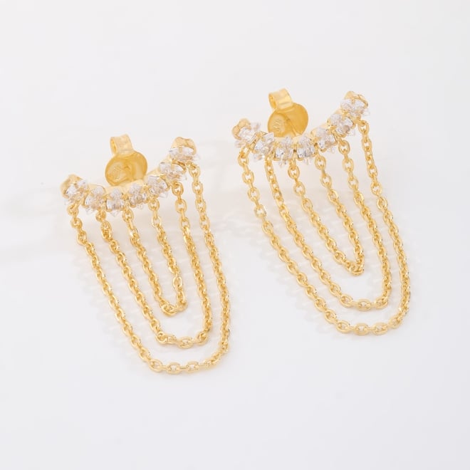 BR-03172 BRINCO BANHADO A OURO 18K COM DESIGN EAR CUFF EM ZIRCÔNIAS E CORRENTES MÚLTIPLAS