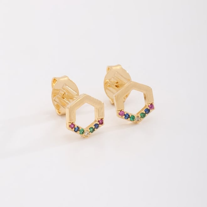 OUTBR-16232 BRINCO EM FORMATO HEXAGONAL COM ZIRCÔNIAS COLORIDAS
