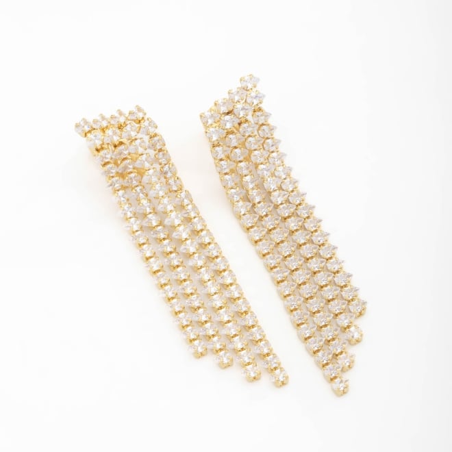 BX-0017 BRINCO BANHADO A OURO 18K LONGO COM DESIGN EM FRANJAS CRAVEJADAS EM ZIRCÔNIAS