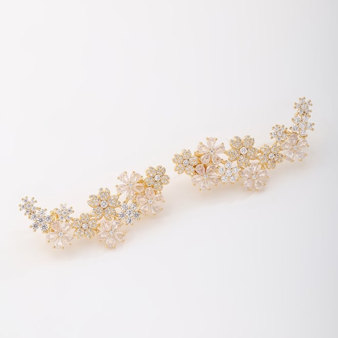 BX-0081 BRINCO BANHADO A OURO 18K DE EAR CUFF COM DESIGN DE FLORES CRAVEJADAS