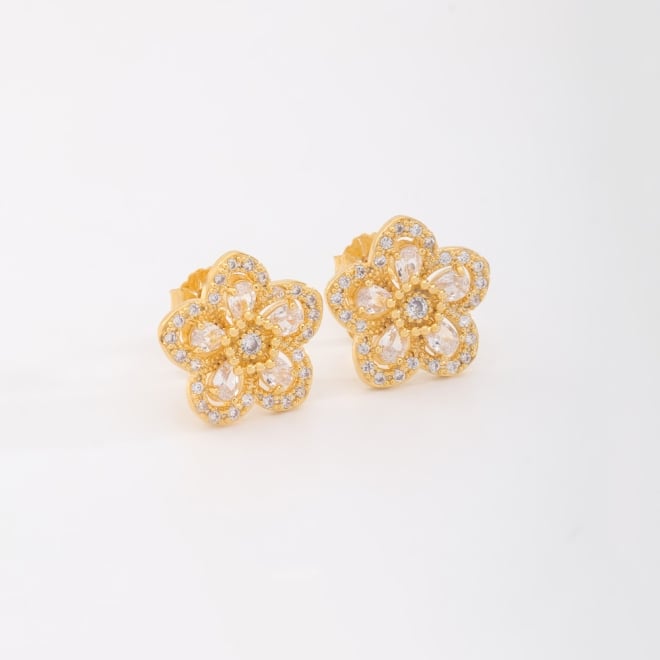 BX-0102 BRINCO BANHADO A OURO 18K DE FLOR COM DETALHES CRAVEJADOS EM ZIRC&Ocirc;NIAS E PEDRAS