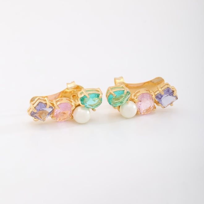 BX-0124 BRINCO BANHADO A OURO 18K MODELO EAR CUFF COM PEDRAS COLORIDAS E DETALHE EM PÉROLA