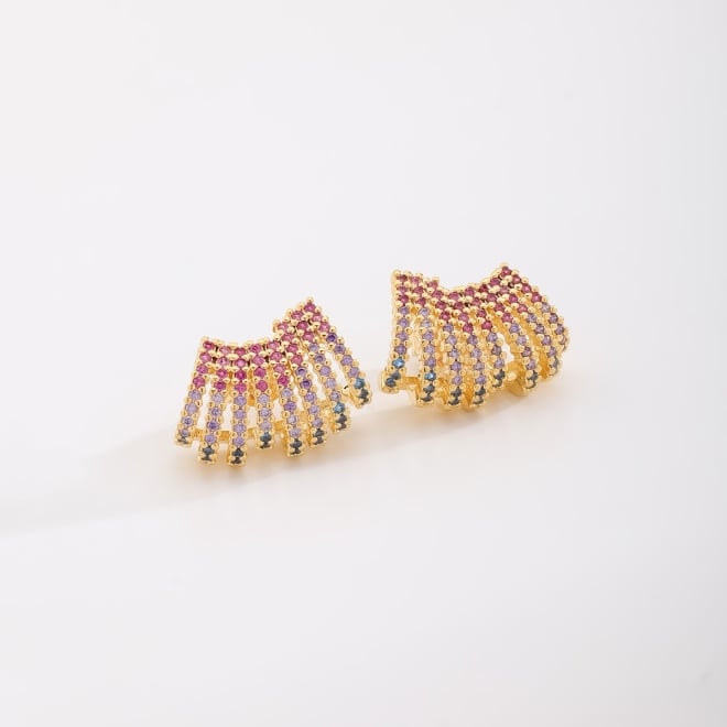 BX-0176 BRINCO BANHADO A OURO 18K DE EAR HOOK COM DESIGN EM LEQUE EM ZIRCÔNIAS COLORIDAS