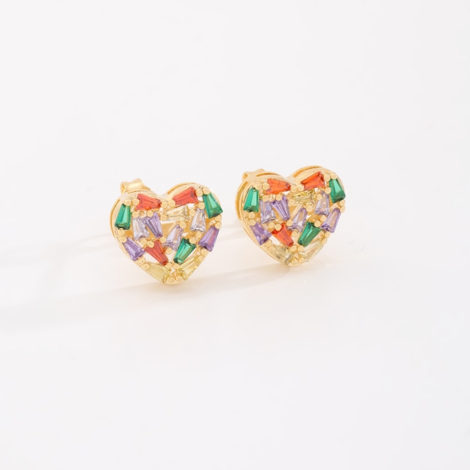BX-0197 BRINCO BANHADO A OURO 18K DE CORAÇÃO COM PEDRAS COLORIDAS EM DIVERSAS LAPIDAÇÕES