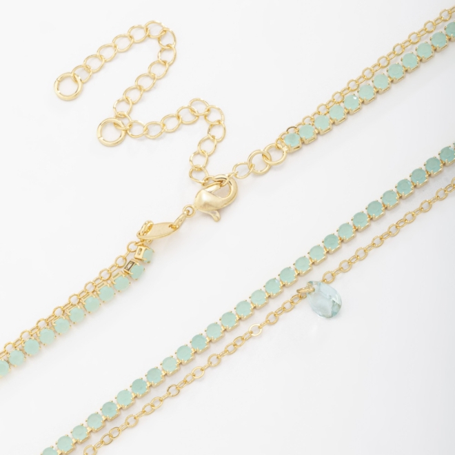 CH-0245 CHOKER DUPLA COM UM FIO DE MICRO ZIRC&Ocirc;NIAS E PINGENTE EM FORMA DE GOTA