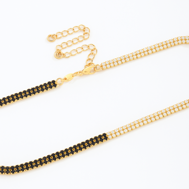 CH-0262 CHOKER BANHADO A OURO 18K COM FILEIRAS DE ZIRCÔNIAS NAS CORES PRETA E CRISTAL
