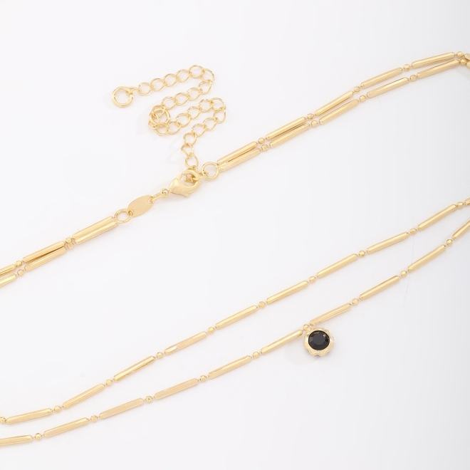 CH-0332 CHOKER DUPLO EM ELOS TUBULARES E PINGENTE DE PEDRA 