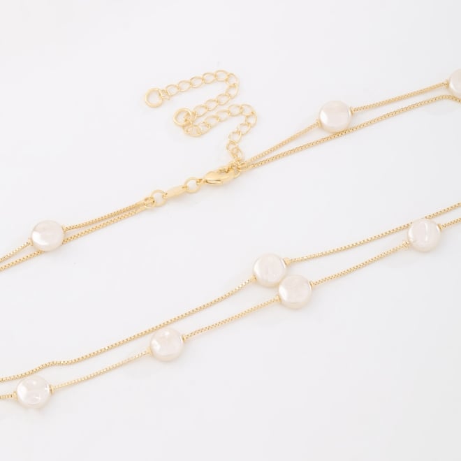 CH-0384 CHOKER BANHADA A OURO 18K COM CORRENTE DUPLA VENEZIANA E DETALHES EM PÉROLAS