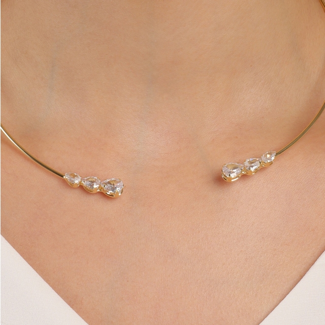 CH-0393 CHOKER ARO COM ZIRCÔNIAS GOTA E NAVETE BANHADA A OURO 18K