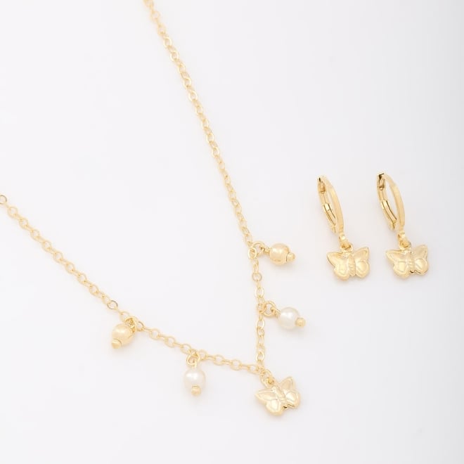 CI-00067 CONJUNTO BANHADO A OURO 18K DE BORBOLETA COM DETALHES EM PÉROLAS