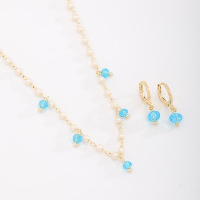 CI-00081 CONJUNTO COM DETALHES EM PÉROLAS E CRISTAIS COLORIDOS