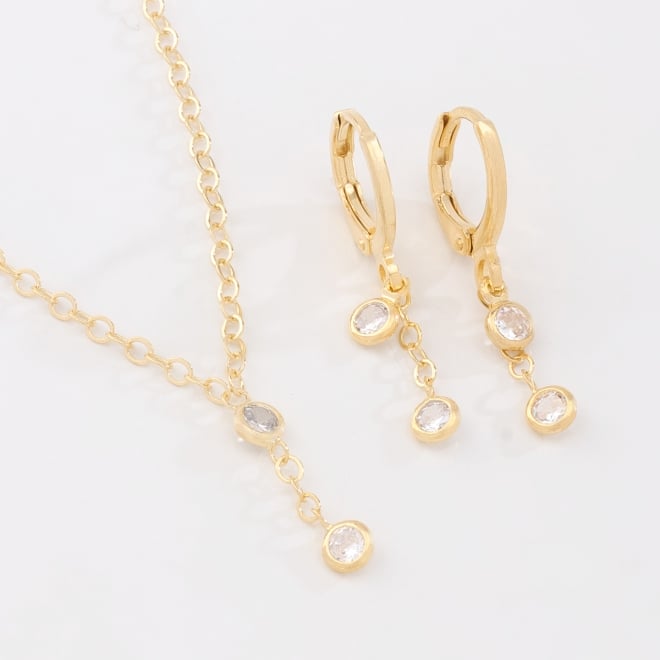 CI-00093 CONJUNTO BANHADO A OURO 18K COM COLAR E BRINCOS DE ARGOLA COM PINGENTES EM ZIRCÔNIA