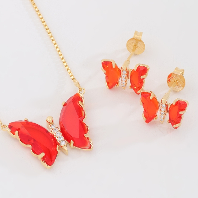 CJ-00012 CONJUNTO BANHADO A OURO 18K COM FORMATO DE BORBOLETA