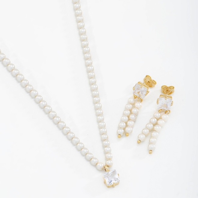 CJ-00016 CONJUNTO COM PÉROLAS E PINGENTE DE ZIRCÔNIA LAPIDADA