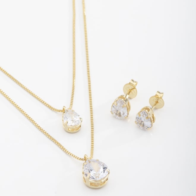 CJ-00040 CONJUNTO BANHADO A OURO 18K COM PEDRA EM FORMATO DE GOTA