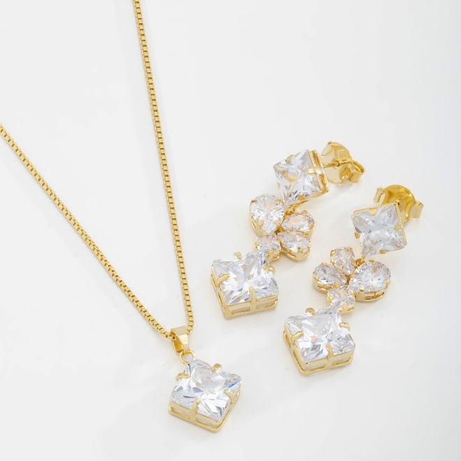 CJ-00045 CONJUNTO BANHADO A OURO 18K COM PEDRA QUADRADA E ZIRCÔNIAS EM FORMATO FLORAL