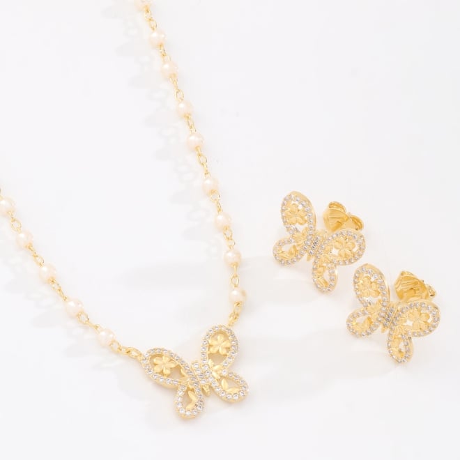 CJ-00052 CONJUNTO BANHADO A OURO 18K COM DESIGN DE BORBOLETA