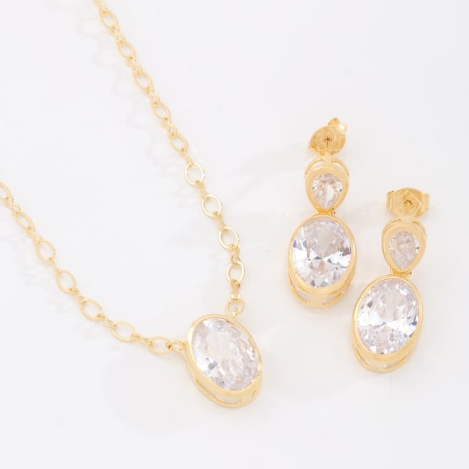 CJ-00060 CONJUNTO BANHADO A OURO 18K COM PEDRAS EM FORMATO OVAL E GOTA LAPIDADAS
