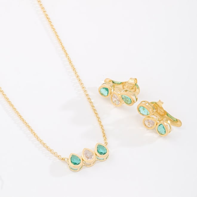 CJ-00063 CONJUNTO BANHADO A OURO 18K COM DESIGN EM GOTAS E ZIRCÔNIAS