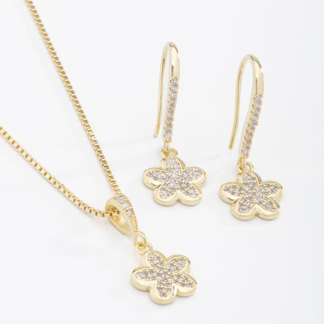 CJ-00077 CONJUNTO BANHADO A OURO 18K DE FLOR CRAVEJADOS EM ZIRCÔNIAS