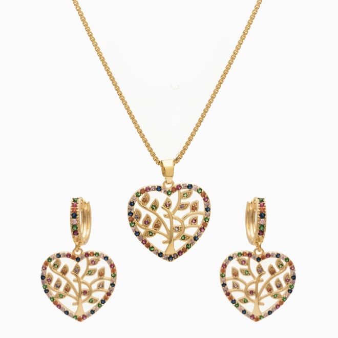 CJ-00086-CONJUNTO BANHADO A OURO 18K COM PINGENTE E BRINCOS EM FORMATO DE CORAÇÃO COM ÁRVORE DA VIDA
