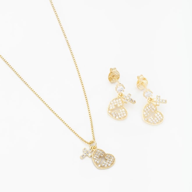 CJ-00113 CONJUNTO CORAÇÃO E CRUZ DE ZIRCONIAS