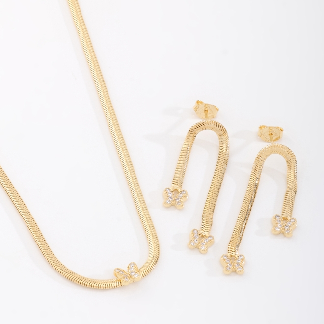 CJ-00117 CONJUNTO BANHADO A OURO 18K COM CORRENTE ELO SNAKE E DETALHES EM BORBOLETA