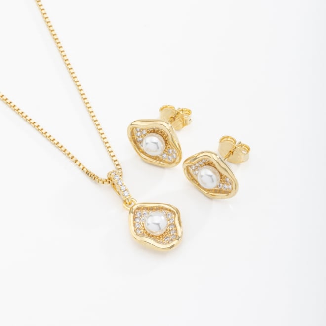 CJ-00162 CONJUNTO BANHADO A OURO 18K COM PÉROLA CENTRAL E DETALHES CRAVEJADOS