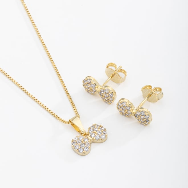 CJ-00164 CONJUNTO BANHADO A OURO 18K COM FORMATO DE LAÇO EM ZIRCÔNIAS