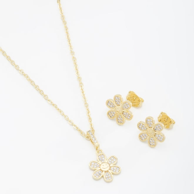 CJ-00233 CONJUNTO COM DESIGN DE FLOR SORRIDENTE EM ZIRCÔNIAS