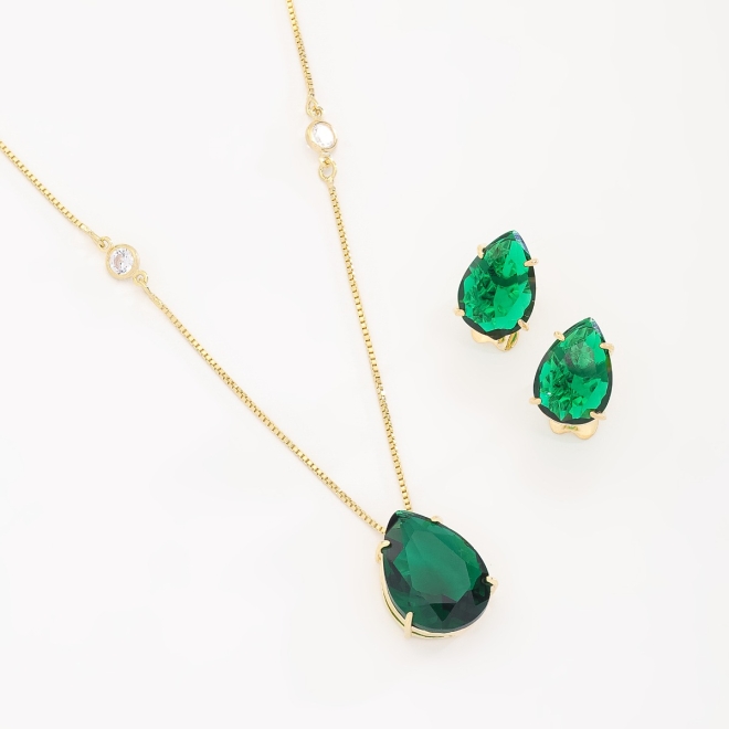 CJ-00239 CONJUNTO BANHADO A OURO 18K COM PEDRA  DE GOTA