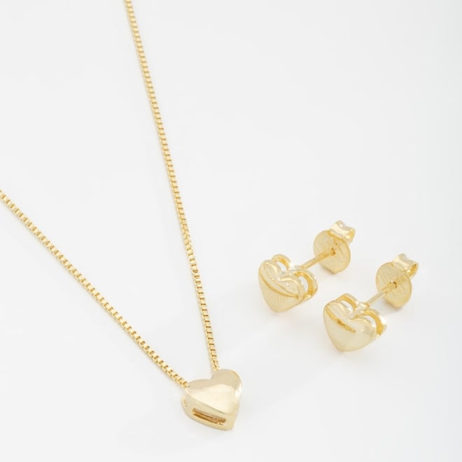 CJ-00242 CONJUNTO BANHADO A OURO 18K COM DESIGN EM FORMATO DE CORAÇÃO LISO
