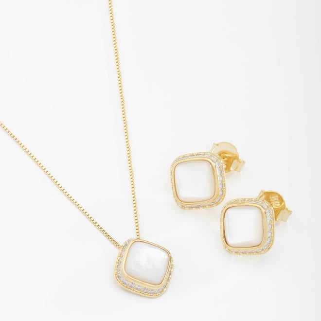 CJ-00255 CONJUNTO BANHADO A OURO 18K MADREPÉROLA E DETALHES EM ZIRCÔNIAS