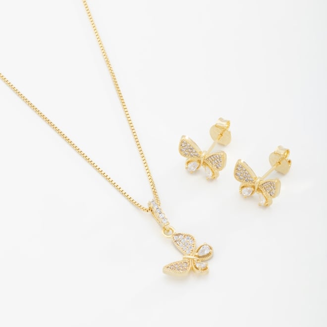 CJ-00264 CONJUNTO BANHADO A OURO 18K DE BORBOLETA CRAVEJADO EM ZIRCÔNIAS