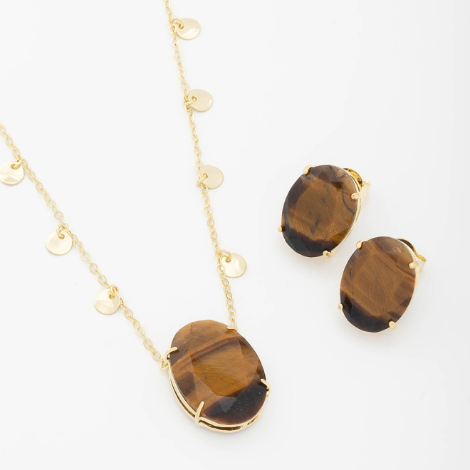 CJ-00272 CONJUNTO BANHADO A OURO 18K COM PEDRA NATURAL OVAL E DETALHES EM DISQUINHOS