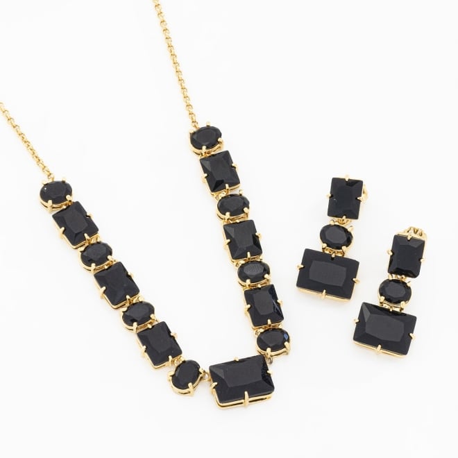 CJ-00292 CONJUNTO COM PEDRAS PRETAS LAPIDADAS EM FORMATO OVAL E RETANGULAR