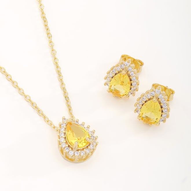 CJ-00294 CONJUNTO BANHADO A OURO 18K COM PEDRA EM FORMATO DE GOTA E DETALHES EM ZIRCÔNIAS