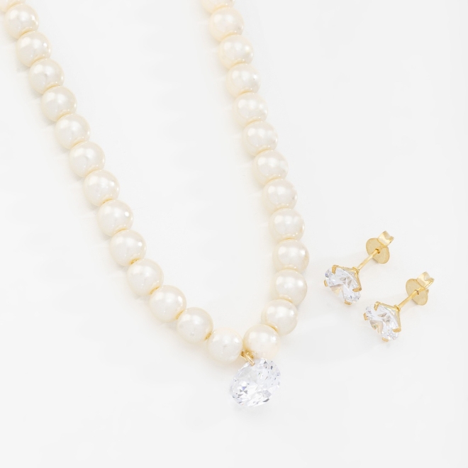 CJ-00300-CONJUNTO BANHADO A OURO 18K COM COLAR DE PÉROLAS