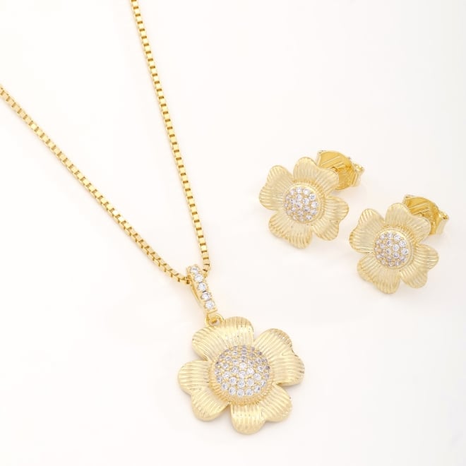 CJ-00324 CONJUNTO BANHADO A OURO 18K COM DESIGN DE FLOR E DETALHES CRAVEJADOS